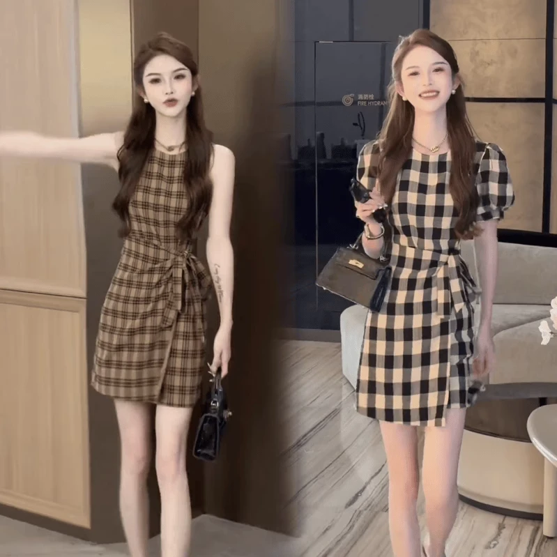 2025夏季女新款复古收腰显瘦格子连衣裙设计感小众气质修身短裙子