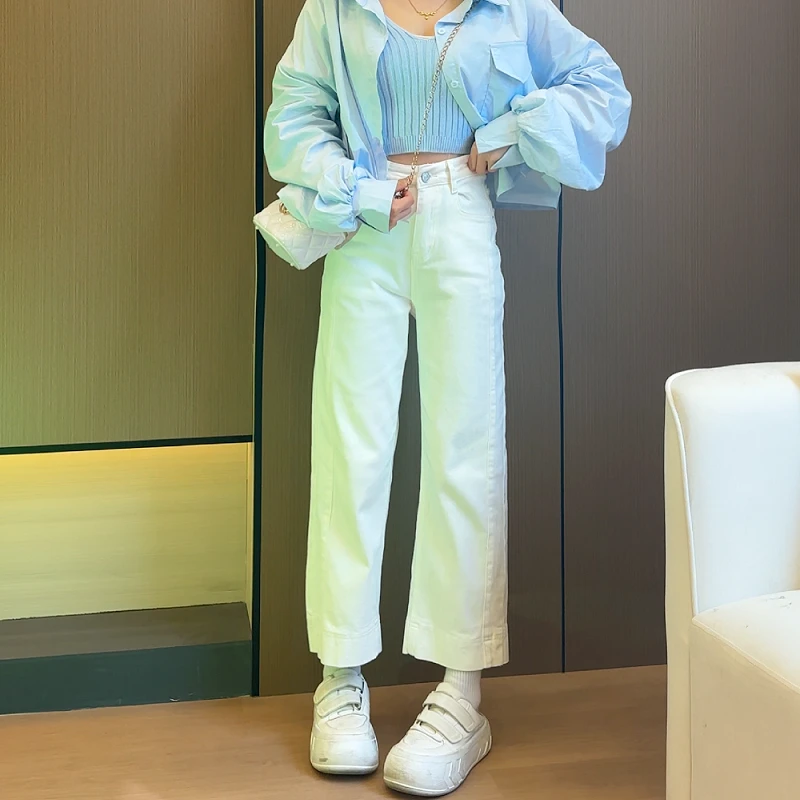 小个子九分直筒牛仔裤2025春季新款高腰弹力显瘦阔腿法棍牛仔裤