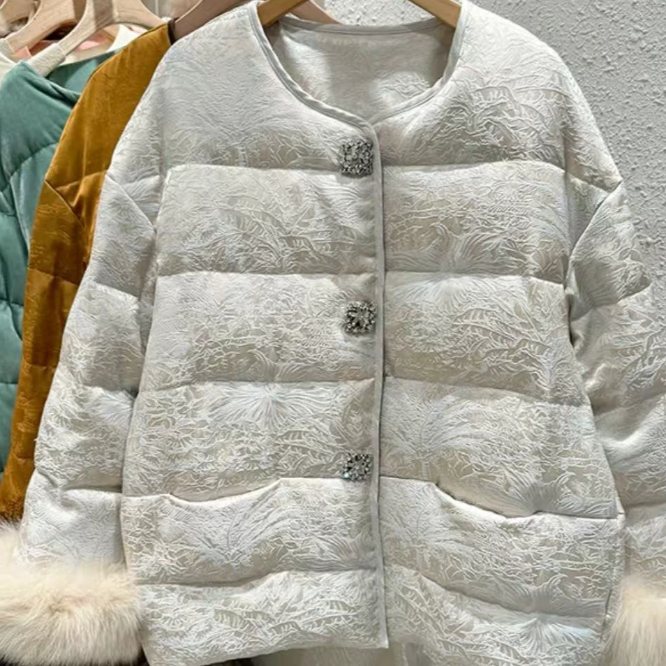 高级感狐狸毛提花羽绒服外套女冬季2024新款白鸭绒新中式国风上衣