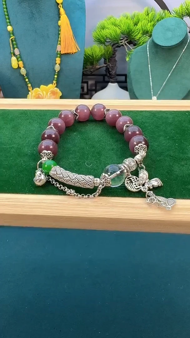 手链银S925镶嵌碧玺猫眼S515