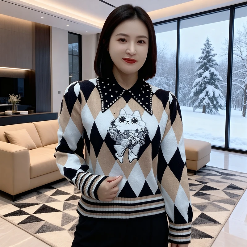 复古猫咪菱形洋气打底衫女士针织衫冬季新款宽松翻领钉珠秋冬毛衣