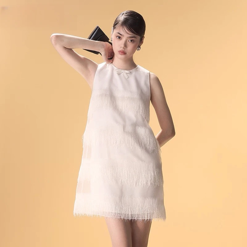 超好看连衣裙2025夏季新款洋气流苏背心裙礼服裙气质蝴蝶结短裙子