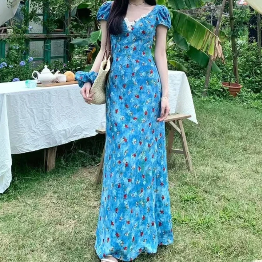 【怡婷】法式蓝色收腰显瘦连衣裙夏季甜美公主裙25050