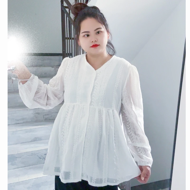 【早春新品】孕妇装重工刺绣蕾丝衬衫V领哺乳衬衣宽松遮肚子娃娃衫