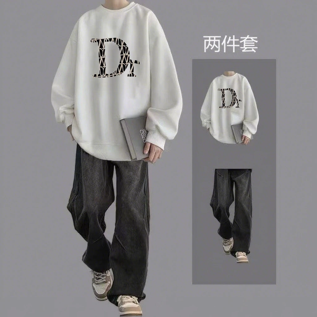 2025新款男装印花长袖秋冬图案圆领宽松型卫衣男套装港风休闲风潮