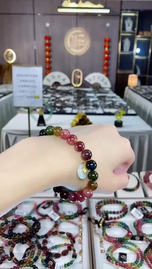 老矿碧玺油画色标彩虹单圈手串9mm+未镶嵌碧玺dan多样性发货一条