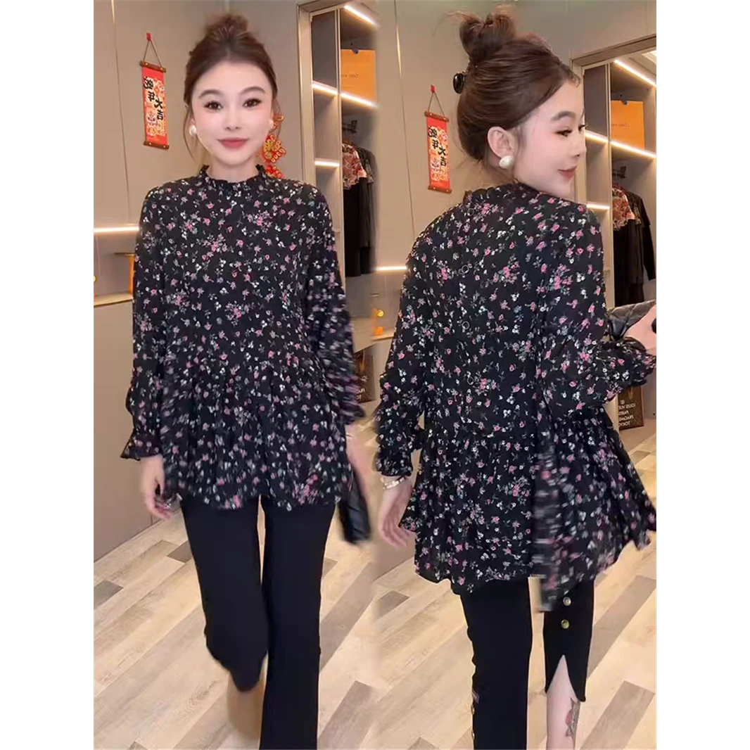 欧货碎花雪纺衫女2025春季洋气宽松显瘦减龄时尚娃娃款中长款衬衫