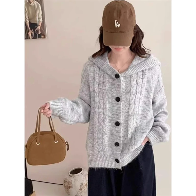 韩系软糯麻花连帽毛衣女秋冬新款针织开衫外套宽松慵懒风上衣百搭