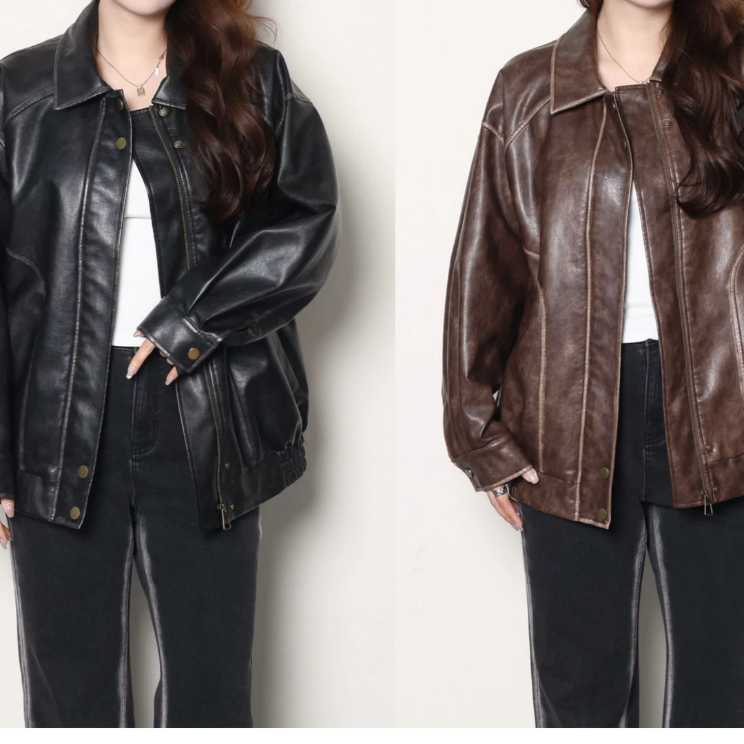 QC杨杨【机车酷飒风】微胖大码女秋百搭做旧pu机车外套 ZY407J85