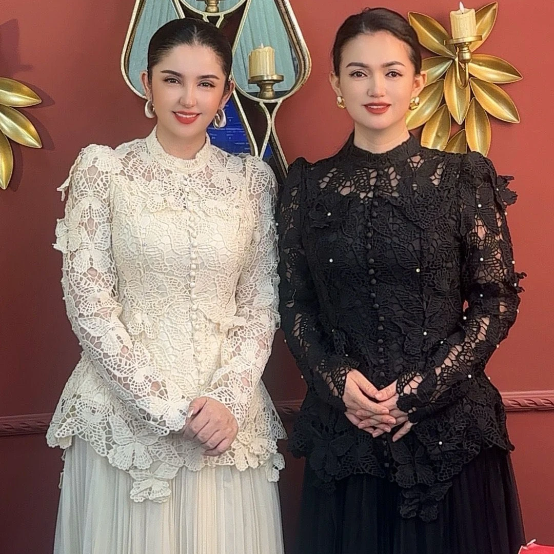 别致立体蝴蝶刺绣花朵镂空亮片收腰衬衫网纱剪裁高腰半裙套装裙子