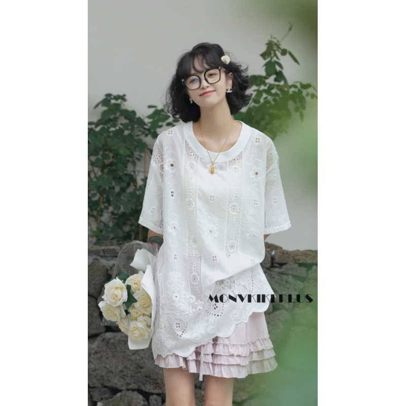 MoNvKiKiPlus2“爱了“大码微胖蕾丝刺绣镂空重工复古宽松T恤#1383