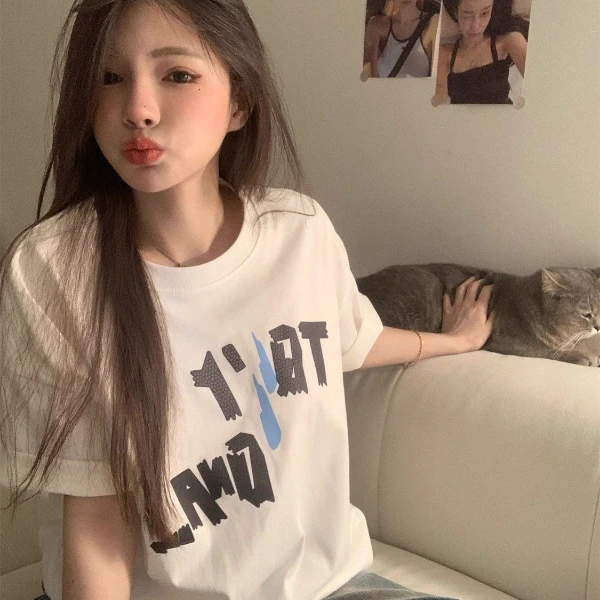 美式国潮重磅纯棉短袖体恤女宽松百搭夏季ins韩版设计感半袖圆领