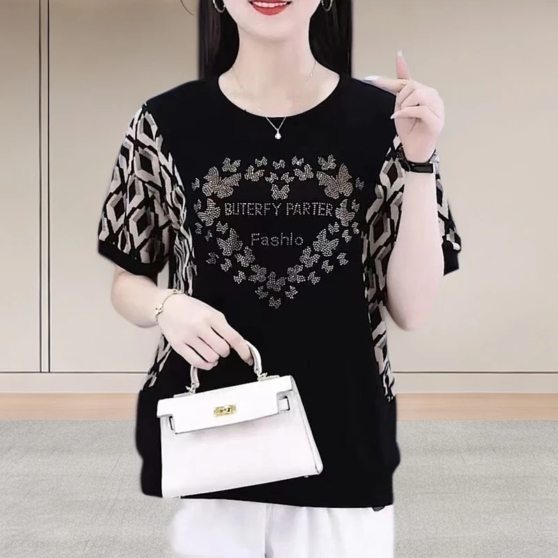 宽松大码中年妈妈女士t恤短袖夏季圆领印花小衫新款百搭显瘦烫钻