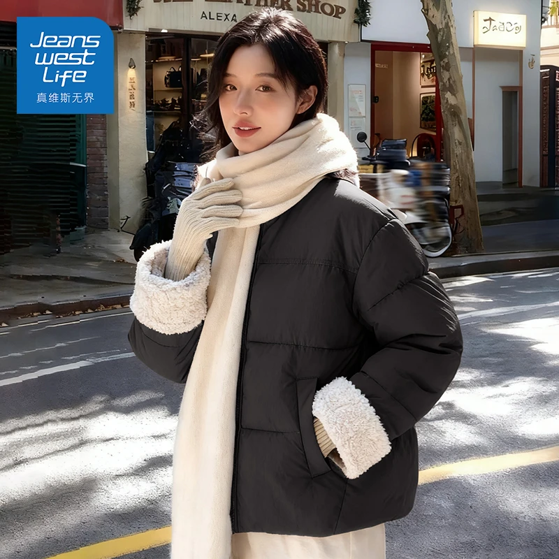 真维斯无界黑色立领短款棉服女冬季酷飒保暖外套显瘦百搭亲肤时尚