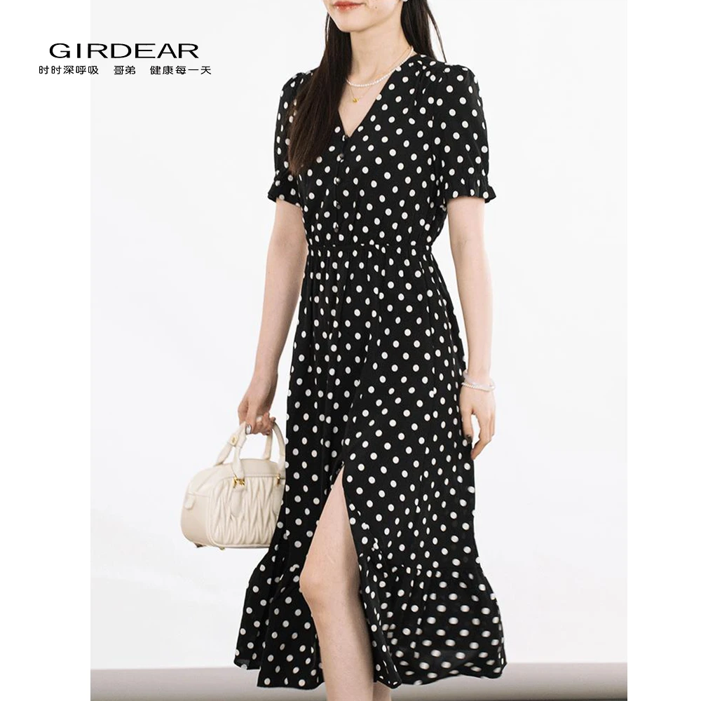 GIRDEAR/哥弟夏季薄款法式气质波点V领收腰显瘦连衣裙长裙1500326