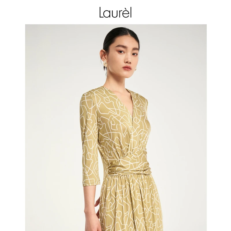 【真丝】Laurel劳芮春夏新款印花波嬉收腰v领连衣裙LWD343Y04300东