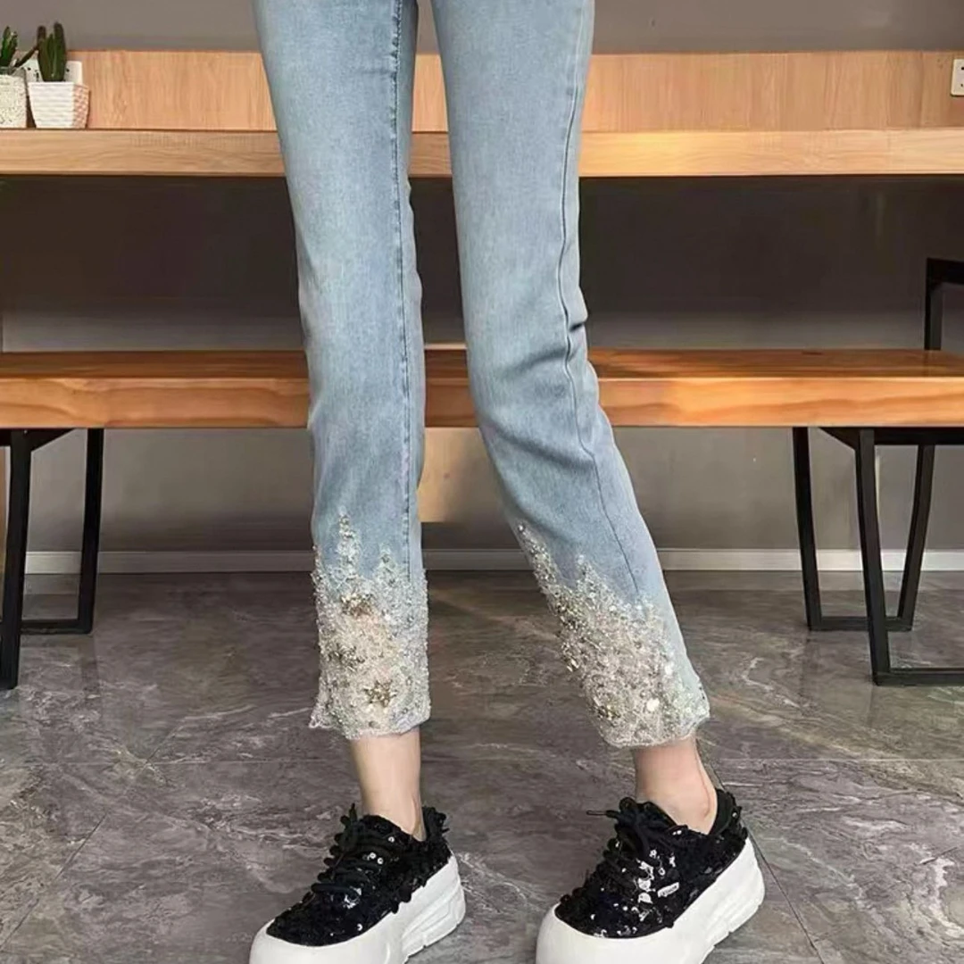 妍 重工镶钻牛仔裤女夏新款韩版甜美重工亮片水钻高腰显瘦牛仔裤