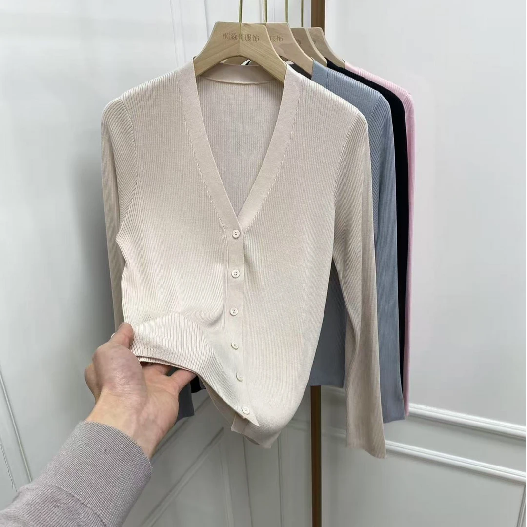 [桑蚕丝+莱赛尔兰精天丝]V领长袖开衫针织衫薄款上衣夏季百搭外套