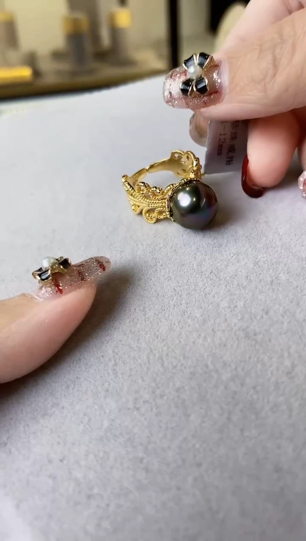 【闪购商品】海水珍珠戒指银S925镶嵌11-12大溪地黑珍珠戒指