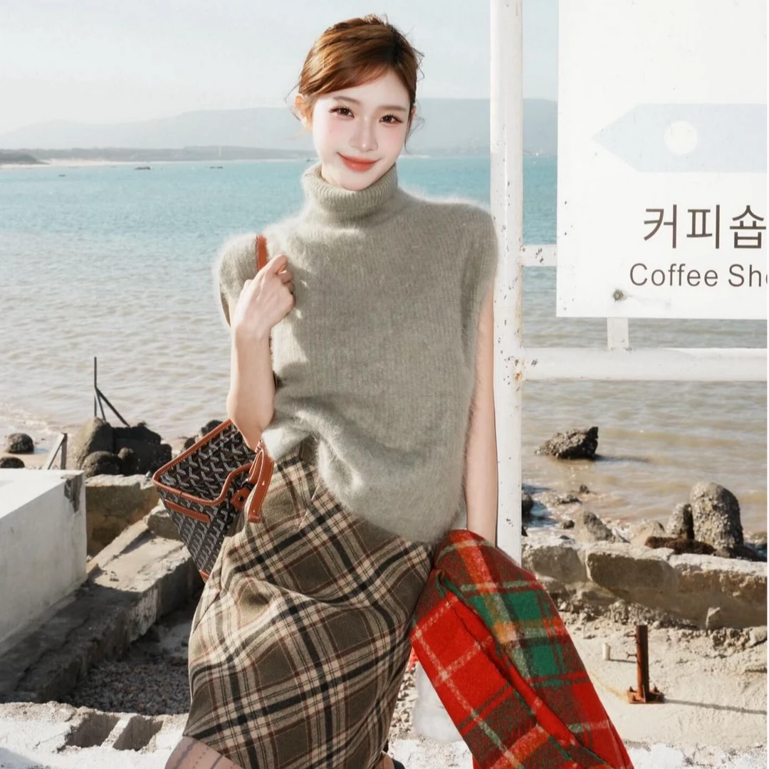 韩系灰色高领针织马甲背心女秋冬时髦洋气叠穿外搭上衣半身裙套装