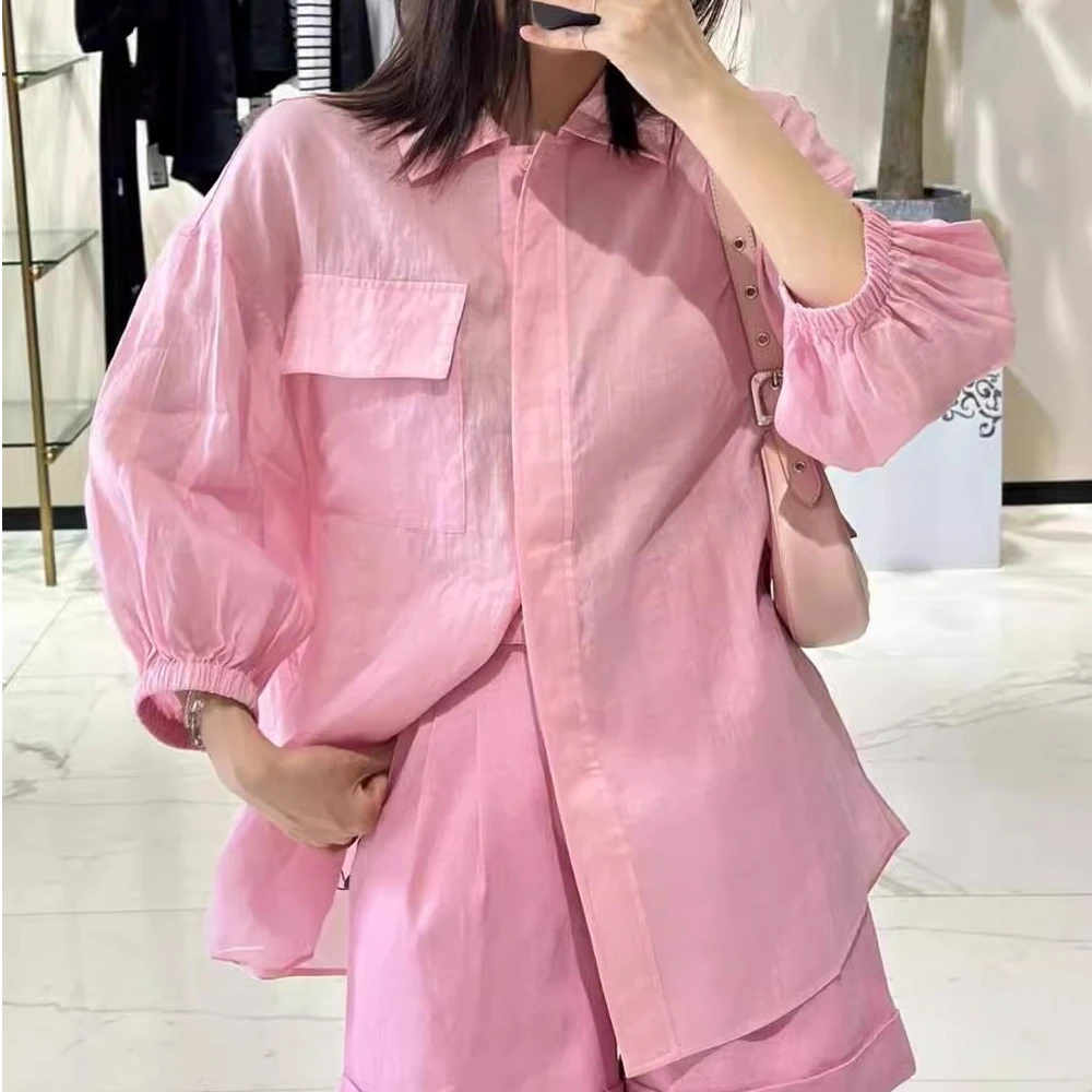 【商场同款】春夏新款时尚简约纯色中袖廓形翻领衬衫摩登猫5300905