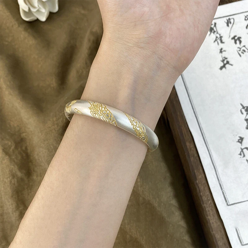 足银手镯 46号链接【龙描金闭口】足银999.9手镯带证书礼盒包装