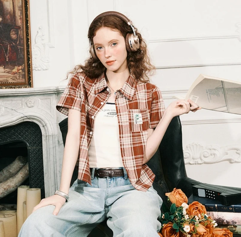 【实力蛋】美式复古格子短袖衬衫T恤下宽松休闲情侣上衣外套潮男女