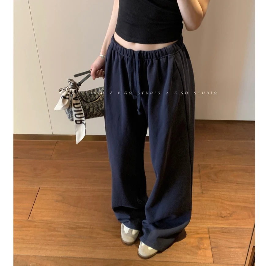 秋冬慵懒显瘦运动休闲裤女宽松拖地长裤百搭抽绳卫裤极简阔腿裤子