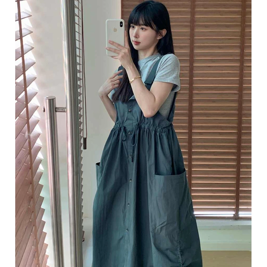 CaKm灰色工装背带潮牌连衣裙女夏季日系文艺小众长裙子LDB573