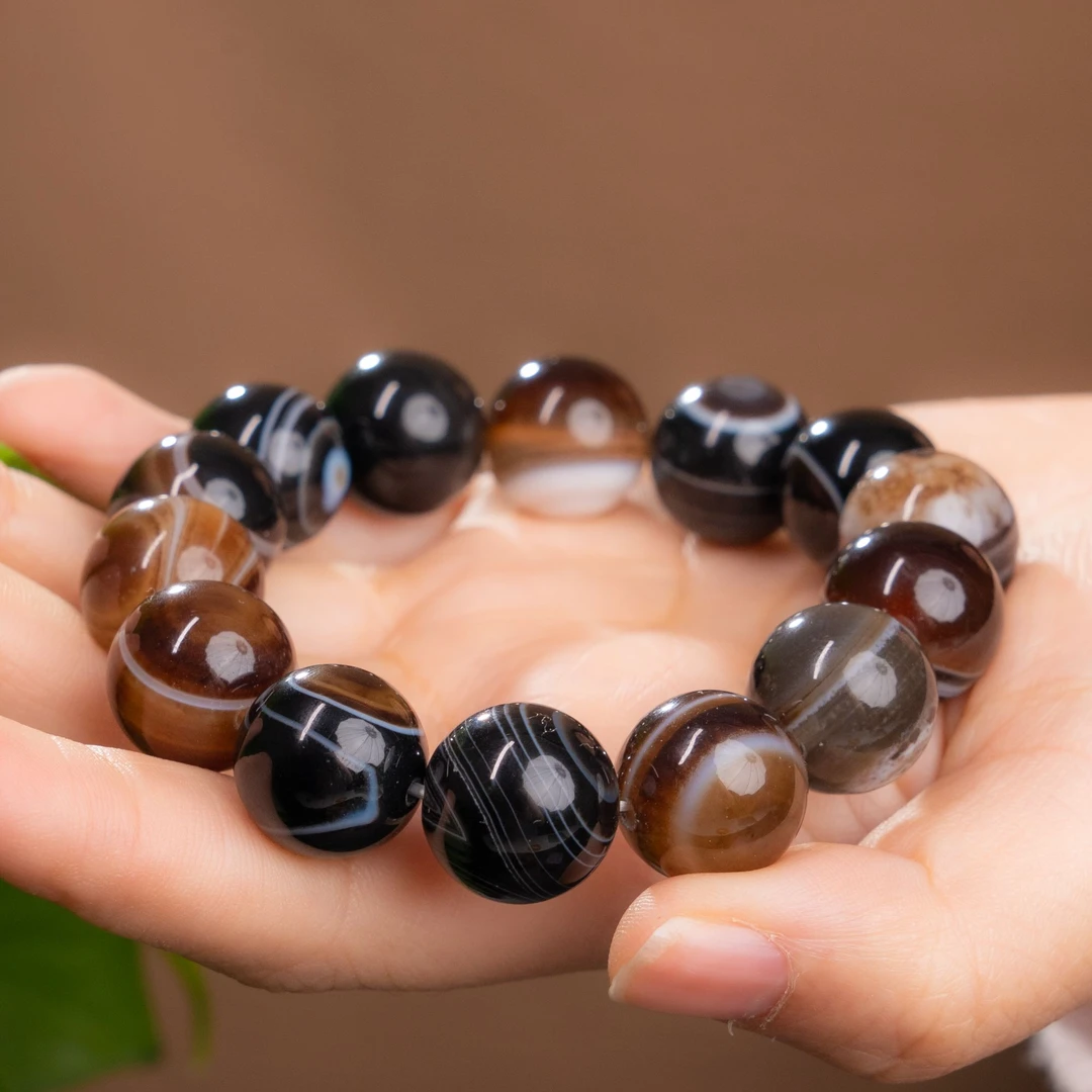 天然玛瑙黑白纹缠丝玛瑙手串男女同款14mm大珠径 MN122