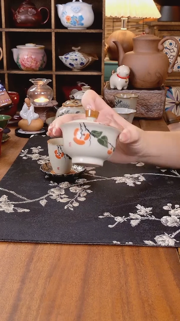 釉下手绘柿子二才盖碗