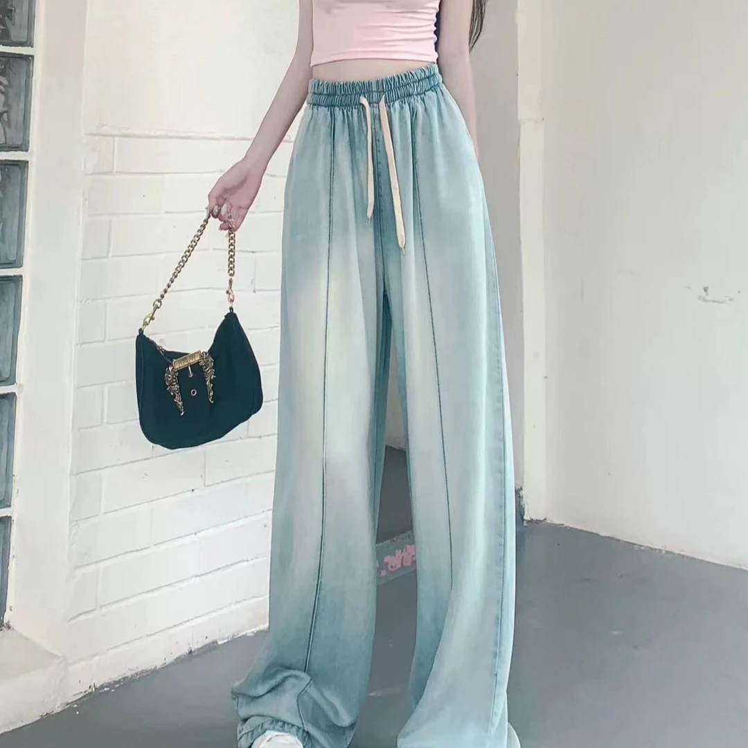 高腰阔腿牛仔裤女夏季薄款直筒宽松垂感时尚显瘦拖地裤－KXDM88632