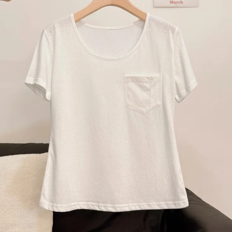 小众时尚舒适款口袋正肩短袖T恤女2025夏季新款韩版宽松显瘦上衣