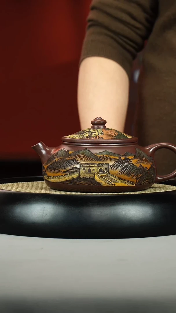 茶壶紫砂石红 寒江 彩刻 长城