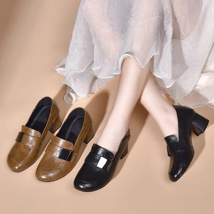 乐福鞋女英伦小皮鞋软底圆头粗跟单鞋百搭中跟春秋季棕色女鞋