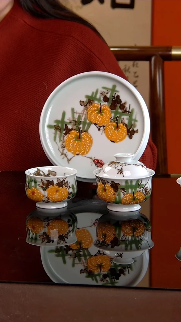 李华手绘釉中五彩南瓜小套组