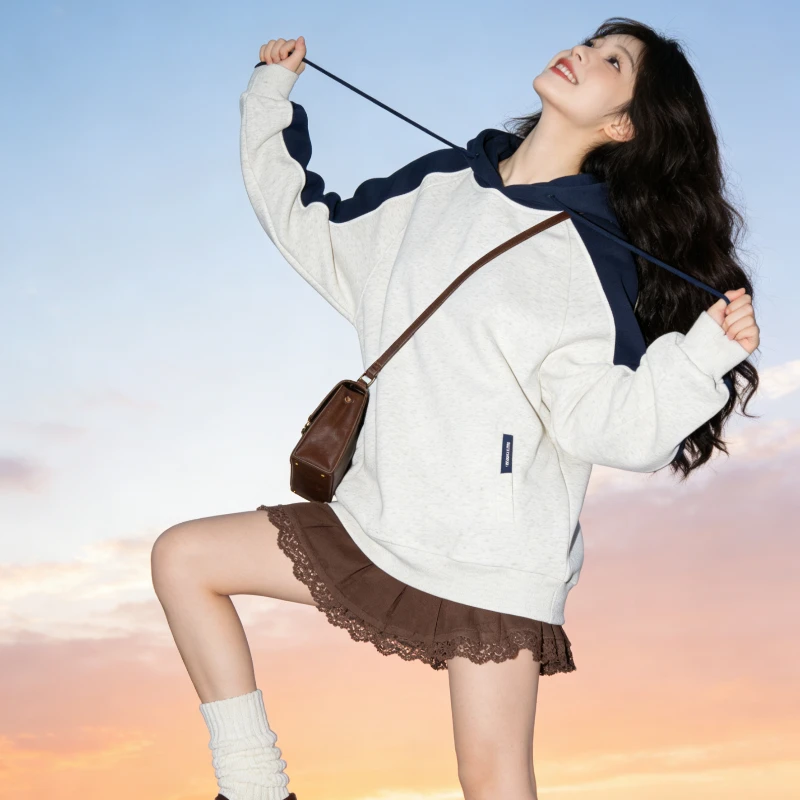 大码300斤美式复古拼接撞色连帽卫衣男女2025款加厚加绒情侣上衣