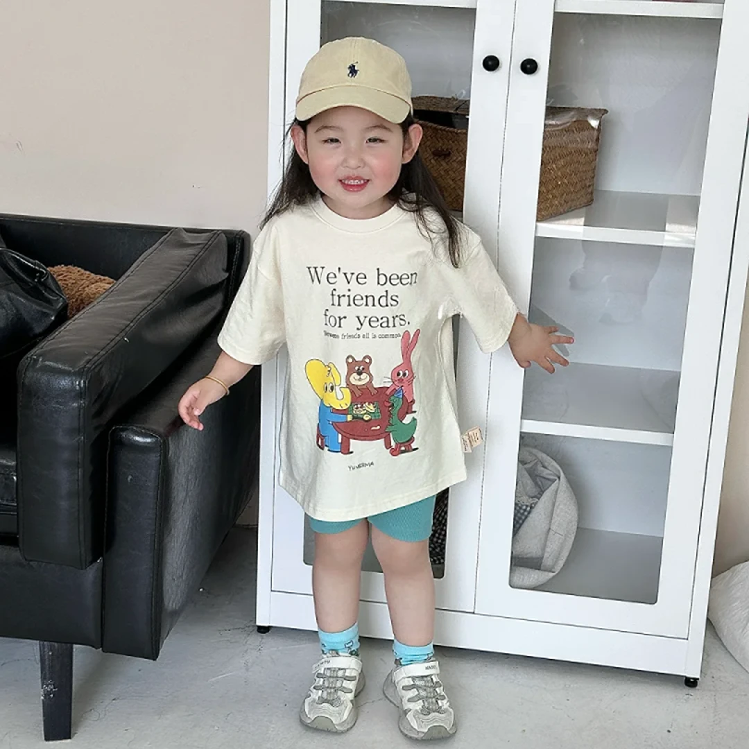 壹妈韩版品质童装2025夏季新款卡通洋气字母短袖T恤短裤儿童套装