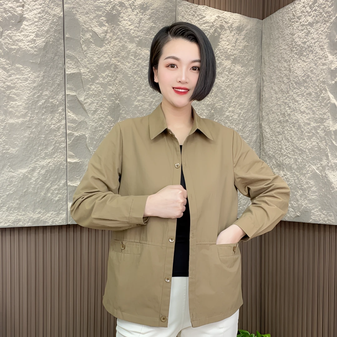 鑫杨妈妈装春秋薄款外套休闲百搭纯色衬衫中老年女装上衣减龄