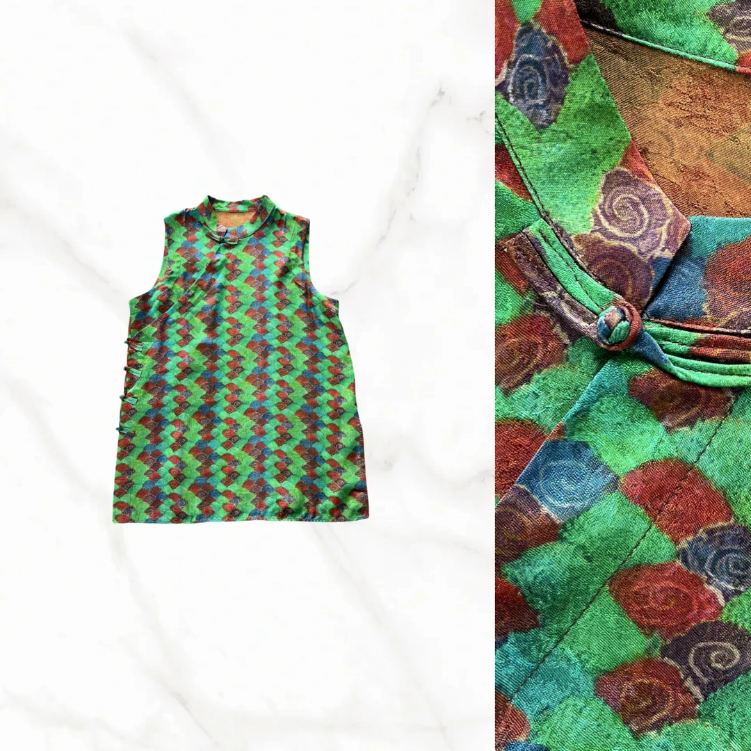 8002绿香云纱奥黛新中式国风女装无袖日常上衣中长款翡翠