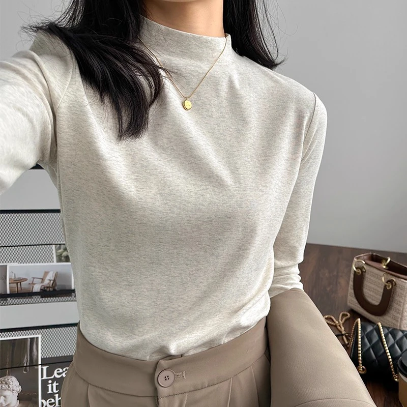 浪莎小立领打底衫女春秋内搭可外穿气质显瘦长袖灰色半高领上衣