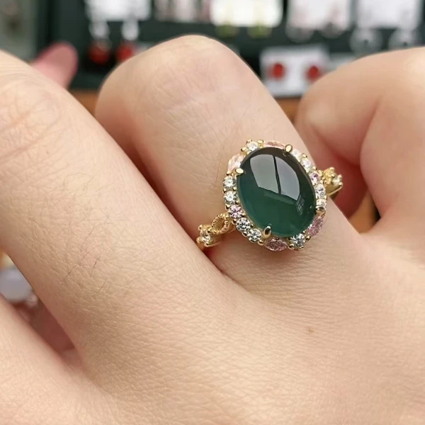 鑫辰珠宝天然A货翡翠银镶嵌设计款开口女戒指时尚百搭