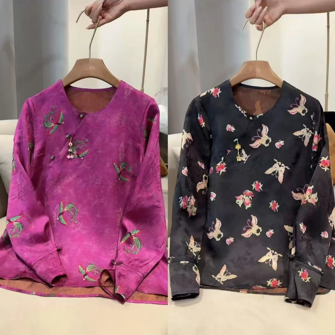 香云纱蝴蝶提花圆领流苏衫