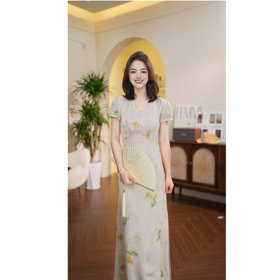洋洋-【香云纱】G526 浅夏 新款新中式印花高级显瘦连衣裙