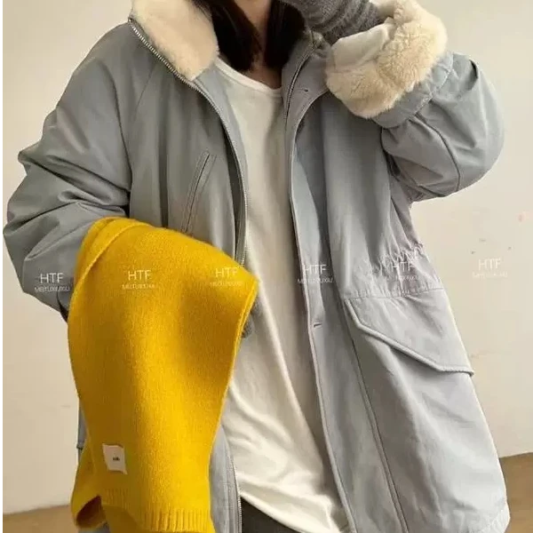 【冯七七】韩版百搭休闲宽松显瘦抽绳收腰纯色冬季派克外套