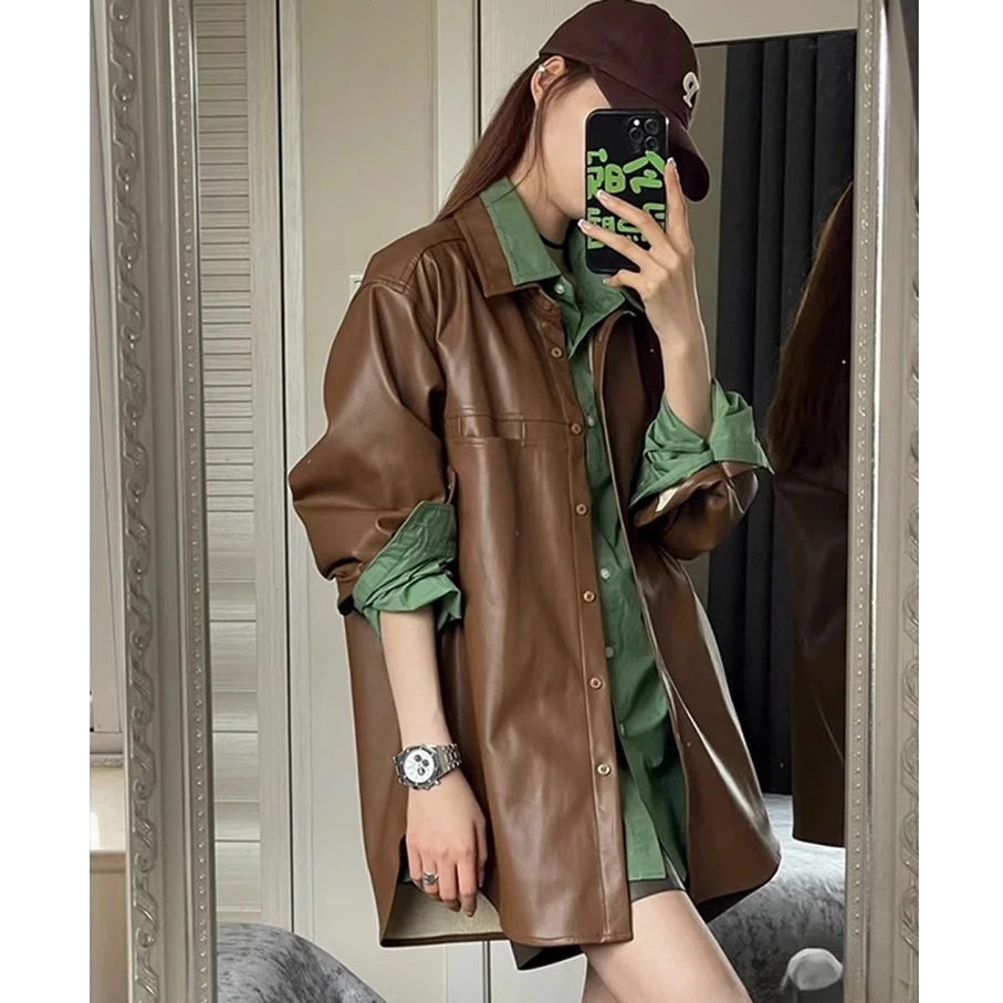 【梦瑶奢品汇】港风复古棕色皮女初秋季新款美拉德宽松显瘦上衣外套