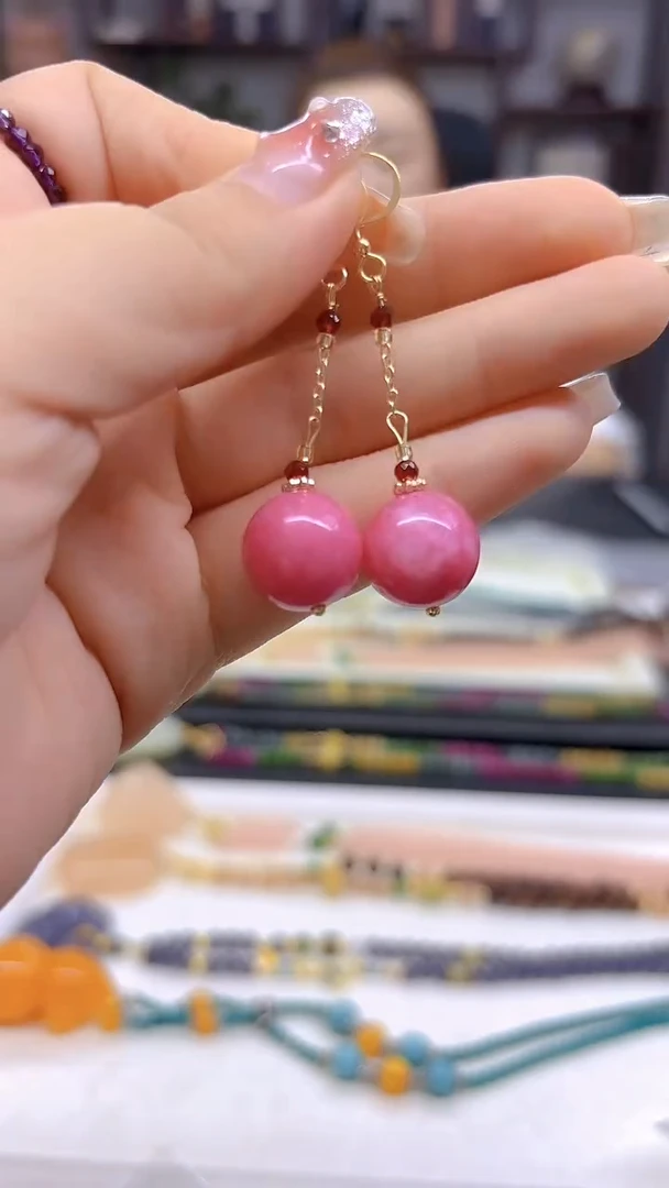 菱锰矿（红纹石）14K金镶嵌耳饰DIY款E613