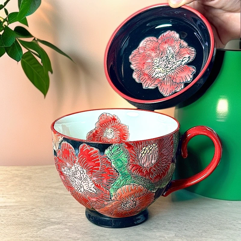 ..高温瓷釉下彩花开富贵陶瓷家用创意手绘早餐杯大容量燕麦杯