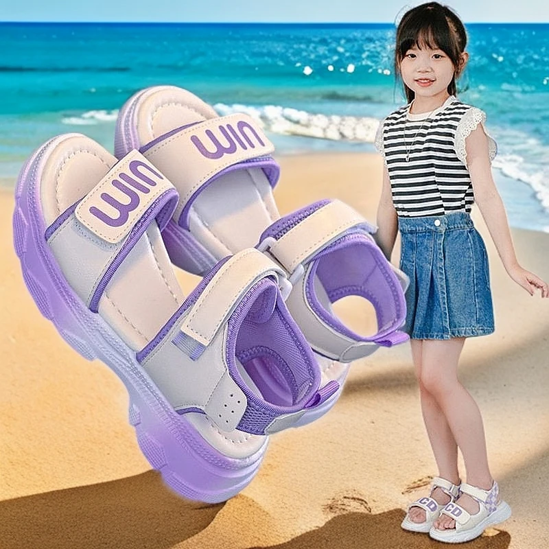 2025新款百搭沙滩鞋休闲童鞋拼接防滑网红凉鞋大童皮革鞋子夏季