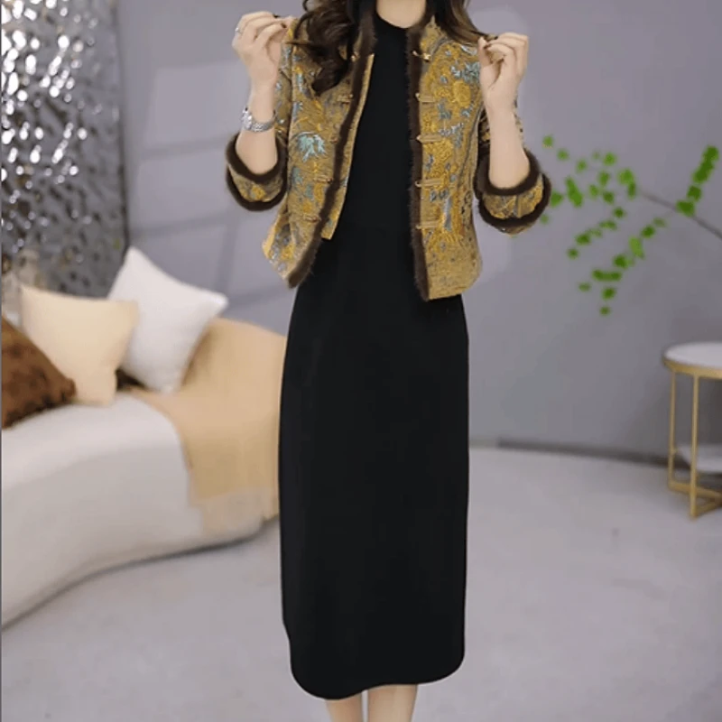 B543【外套+连衣裙】2025冬季新款时尚新中式国风重工设计套装裙